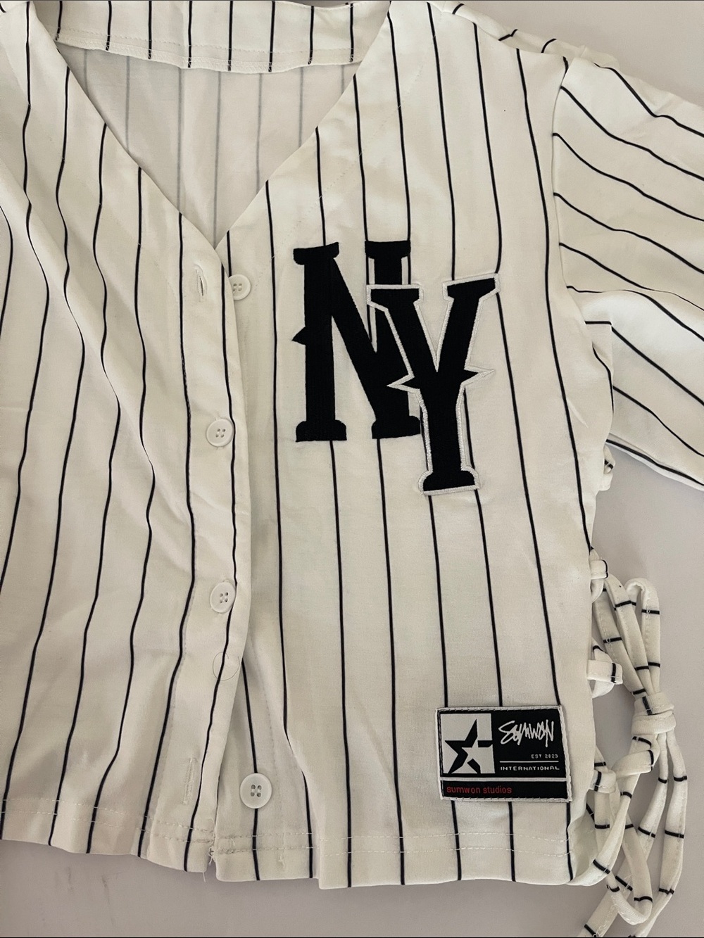 Striped Button-Up Crop Top with Lace Up Side Detail and NY Logo - White & Black